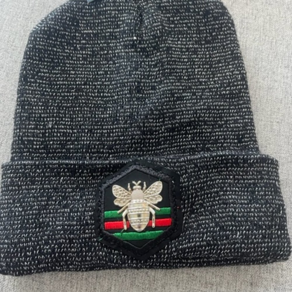 Sparkly Black Beanie with Fleece Lining and Bee Patch